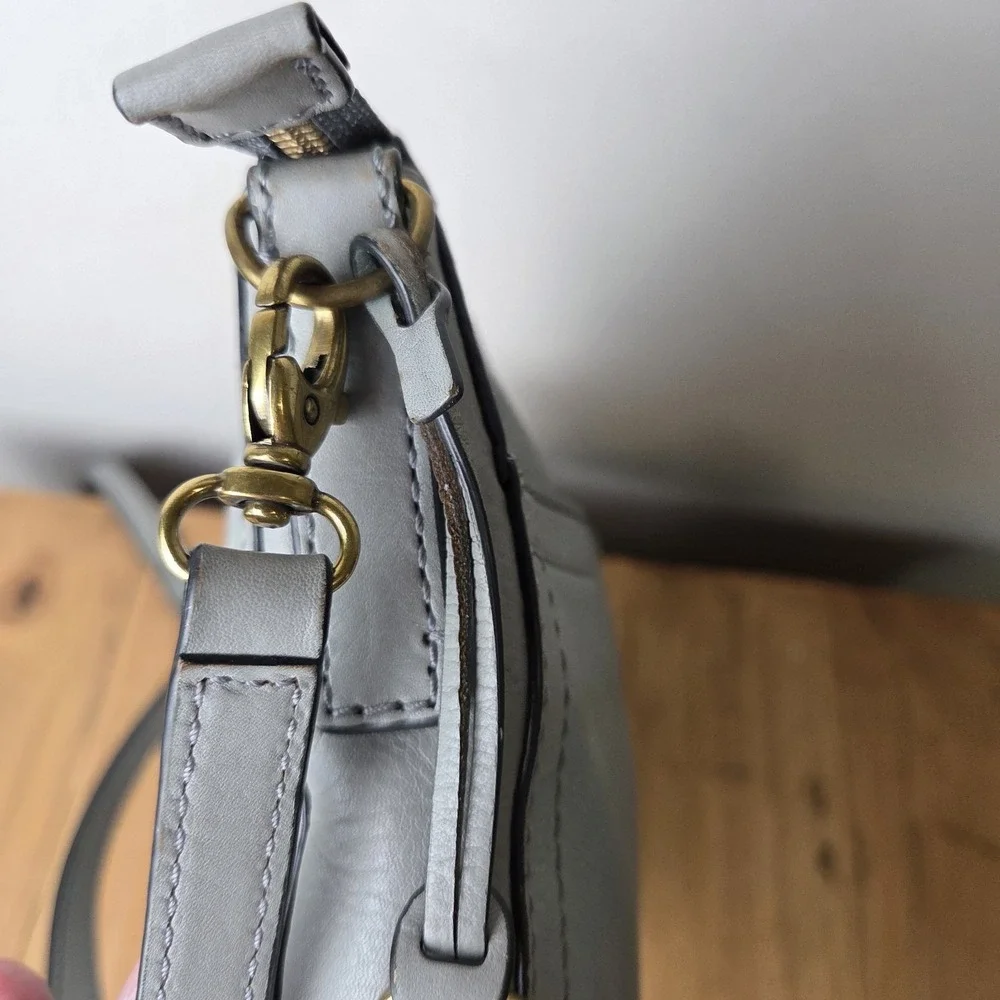Fossil Gray Leather Crossbody Bag Soft Pebbled Leather Zip Top Key Charm...